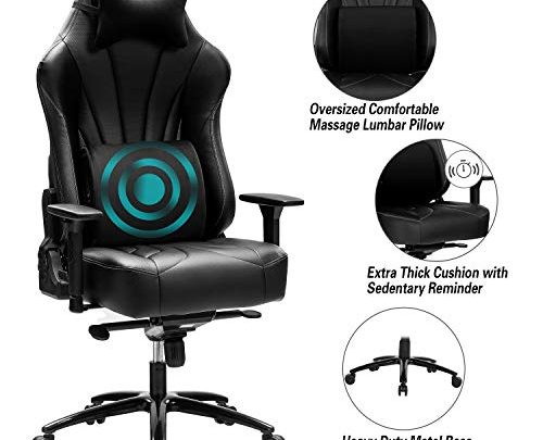 Blue Whale Super Big and Tall Gaming Chair with Massage Lumbar Support,Sedentary Reminder,Metal Base and Aluminum Alloy Armrest High Back PC Office Computer Desk Swivel Task Chair