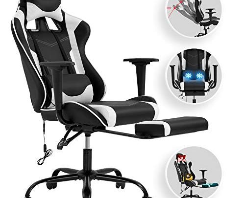 Vnewone Computer Gaming Chair Office PC Ergonomic Home Executive Desk Racing Rolling Swivel Task Adjustable High-Back PU Leather with Lumbar Support Footrest Headrest Armrest Massager,