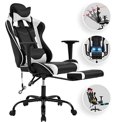 Vnewone Computer Gaming Chair Office PC Ergonomic Home Executive Desk Racing Rolling Swivel Task Adjustable High-Back PU Leather with Lumbar Support Footrest Headrest Armrest Massager,