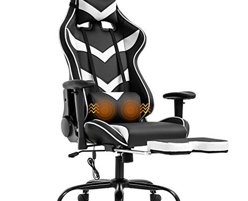 Gaming Chair Office Chair Computer Chair with Lumbar Support Footrest Armrest Headrest Ergonomic Racing Chair Task High Back PU Leather Rolling Swivel Massage Desk Chair for Adult(White)