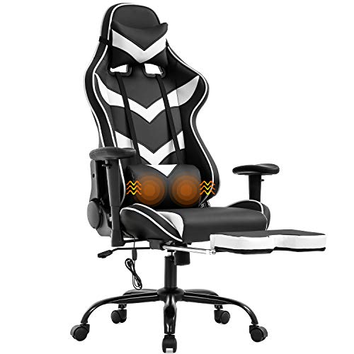 Gaming Chair Office Chair Computer Chair with Lumbar Support Footrest Armrest Headrest Ergonomic Racing Chair Task High Back PU Leather Rolling Swivel Massage Desk Chair for Adult(White)