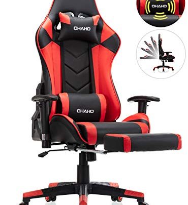 OHAHO Gaming Chair Racing Style Office Chair Adjustable Massage Lumbar Cushion Swivel Rocker Recliner Leather High Back Ergonomic Computer Desk Chair with Retractable Arms and Footrest (Black/Red)