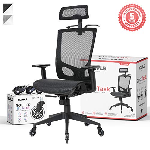 NOUHAUS ErgoTASK – Ergonomic Task Chair, Computer Chair and Office Chair with Headrest. Rolling Swivel Chair with Blade Wheels (Black)