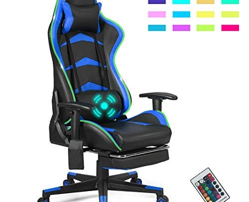 Goplus Massage Gaming Chair with LED Light, Reclining Backrest Handrails and Seat Height Adjustment Racing Computer Office Chair with Footrest,