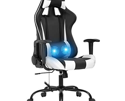 Gaming Chair Massage Office Chair Racing Desk Chair PU Leather Rolling Task Adjustable Computer Chair with Lumbar Support Headrest Armrest Swivel Chair for Gamer(White)