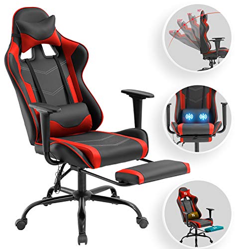 Computer Gaming Chair PC Ergonomic Office Chair Home Executive Desk Chair Adjustable High-Back PU Leather Racing Rolling Swivel Task Chair Lumbar Support Footrest Headrest Armrest Massager (Red)