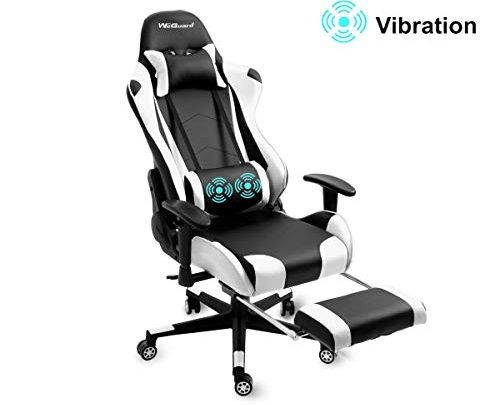 WeGuard Massage Gaming Chair Racing Office Computer Game Chair Swivel Ergonomic Executive PU Leather Chair with Adjustable Headrest and Lumbar and Support Retractable Footrest (White)