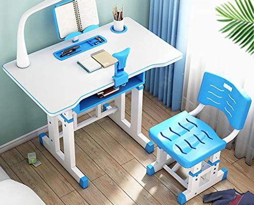 HDLRBZZ Kids Desk and Chair Set, Height Adjustable Children Study Table Tabletop, Pull-Out Drawer Storage for School Students, Study Gifts for Boys and Girls (70x46cm (Blue)
