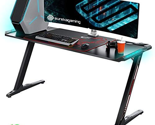 EUREKA ERGONOMIC Z60 Gaming Desk 60” Z Shaped Large PC Computer Gaming Desks Tables with RGB LED Lights Controller Stand and Mouse Pad for E-Sport Racing Gamer Pro Home Office Gift