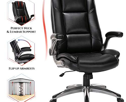 Office Chair High Back Leather Executive Computer Desk Chair – Flip-up Arms and Adjustable Tilt Angle Swivel Chair Thick Padding for Comfort and Ergonomic Design for Lumbar Support