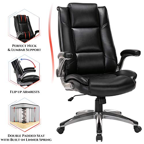 Office Chair High Back Leather Executive Computer Desk Chair – Flip-up Arms and Adjustable Tilt Angle Swivel Chair Thick Padding for Comfort and Ergonomic Design for Lumbar Support