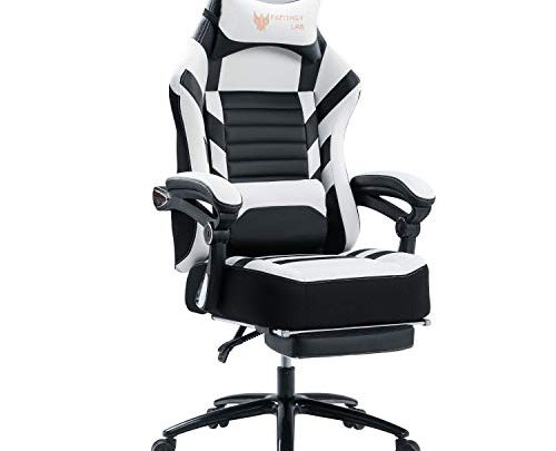 FANTASYLAB High Back Massage Memory Foam Reclining Gaming Chair Metal Base, 400lb Big and Tall Adjustable Back and Retractable Footrest Ergonomic Leather Racing Computer Desk Office Chair (White)