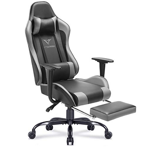 Vitesse Gaming Chair with Footrest Racing Style Computer Office Chair Adjustable Swivel Ergonomic PC Desk Bucket Seat Chair with Lumbar Support and Headrest (Grey)
