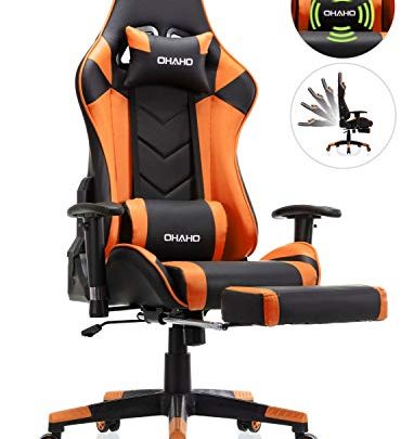 OHAHO Gaming Chair Racing Style Office Chair Adjustable Massage Lumbar Cushion Swivel Rocker Recliner Leather High Back Ergonomic Computer Desk Chair with Retractable Arms and Footrest (Black/Orange)