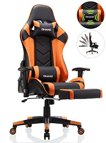 OHAHO Gaming Chair Racing Style Office Chair Adjustable Massage Lumbar Cushion Swivel Rocker Recliner Leather High Back Ergonomic Computer Desk Chair with Retractable Arms and Footrest (Black/Orange)