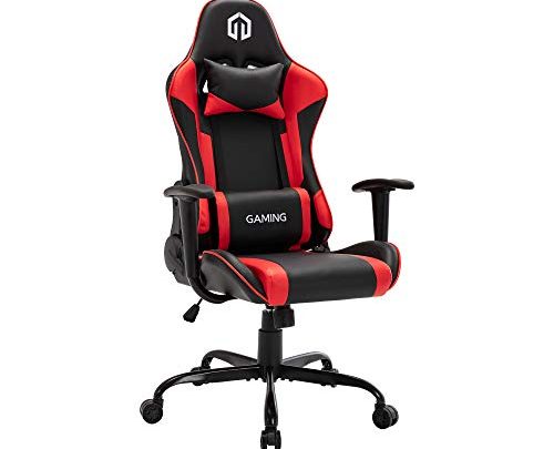Video Gaming Chair with Headrest and Lumbar Cushion, Computer Racing Chair with Ergonomic High Backrest, Adjustable Desk Chair for Office and Study Room (BK/Red)
