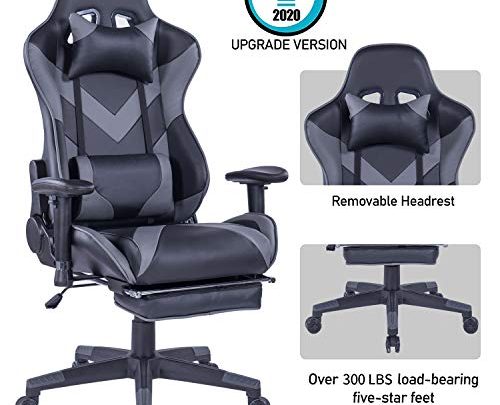 Racing Office Computer Chair E-Sports Game Chair Gaming Chair Ergonomic Footrest and Seat Height Adjustment Recliner Swivel Rocker with Lumbar Support Pillow and Headrest (8203-Grey(PU))