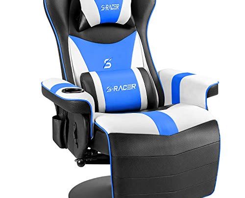 Furniwell Gaming Recliner Chair Racing Style Gaming Ergonomic High Back Computer Chair Swivel Game Reclining Chair Adjustable Backrest and Footrest w/Cup Holder and Side Pouch (Blue/White)