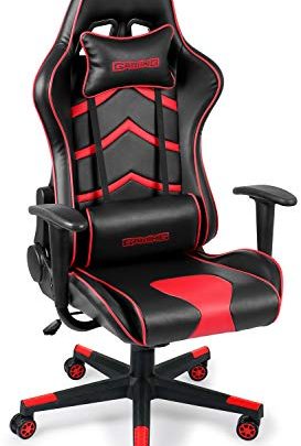 Ergoseat Gaming Chair PU Leather Executive Ergonomic Office Chair Rolling Racing PC Desk Chair Backrest and Seat Height Adjustment Recliner Swivel Rocker with Headrest and Lumbar Pillow（Black/Red）