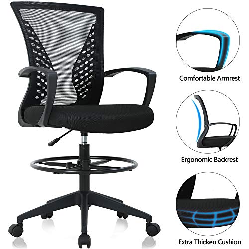 Drafting Chair Tall Office Chair Ergonomic Desk Chair Massage Mid Back Mesh Computer Executive Chair with Lumbar Support & Foot Ring Height Adjustable Rolling Swivel Drafting Stool for Standing Desk