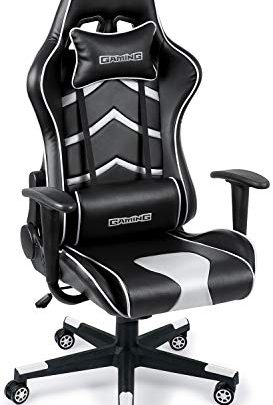 Ergoseat Gaming Chair PU Leather Executive Ergonomic Office Chair Rolling Racing PC Desk Chair Backrest and Seat Height Adjustment Recliner Swivel Rocker with Headrest and Lumbar Pillow（Black/White）
