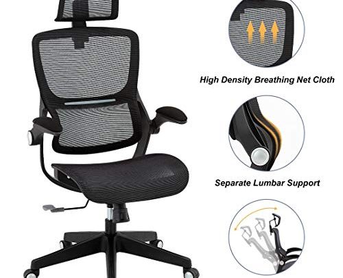Ergonomic Desk Chair Mesh Computer Chair with Adjustable Headrest 3D Flip-up Armrests, Technical Task Swivel Executive High Back Chair (Black)