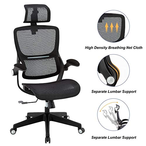 Ergonomic Desk Chair Mesh Computer Chair with Adjustable Headrest 3D Flip-up Armrests, Technical Task Swivel Executive High Back Chair (Black)
