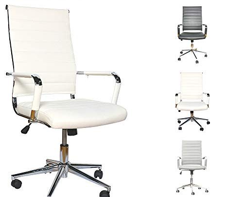 LUCKWIND Ergonomic Office Chair Ribbed Leather Swivel – Adjustable Height Tilt Arm Sleeves Lumbar Support High Back Upholstery Executive Modern Conference Computer Chrome Wheel Caster 350lb (White)