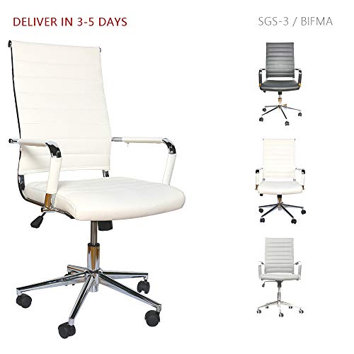LUCKWIND Ergonomic Office Chair Ribbed Leather Swivel – Adjustable Height Tilt Arm Sleeves Lumbar Support High Back Upholstery Executive Modern Conference Computer Chrome Wheel Caster 350lb (White)