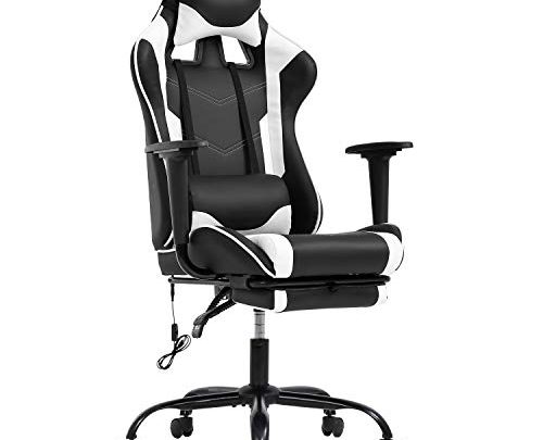 Massage Gaming Chair Ergonomic Computer Racing Style Office Chair Adjustable High Back Gamer Chair for Home Office with Footrest Headrest Lumbar Support,White