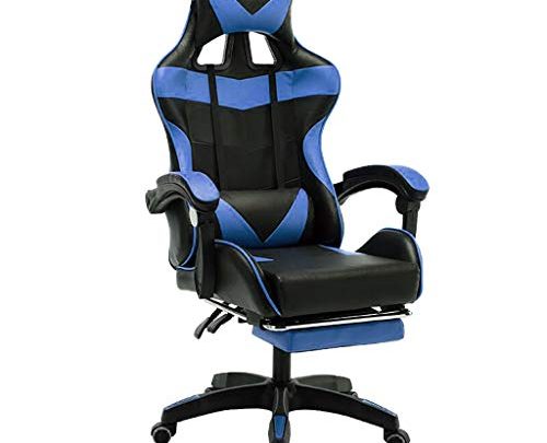 Gaming Chair, Office Chair, PC High Chair, PU Leather Adjustable Swivel Computer Desk Chair, with Footrest Headrest Massage Lumbar Support Pillow (Blue)