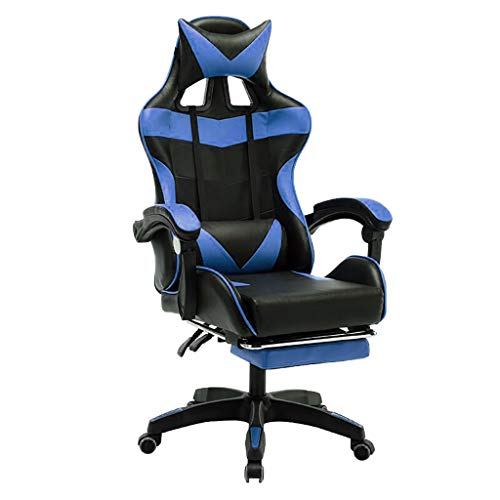 Gaming Chair, Office Chair, PC High Chair, PU Leather Adjustable Swivel Computer Desk Chair, with Footrest Headrest Massage Lumbar Support Pillow (Blue)
