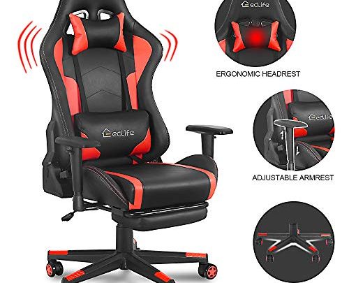 eclife Gaming Chair PC Ergonomic Racing Office Chair PU Leather Recliner Computer Desk Chair W/Massage Lumbar Support Footrest Headrest Armrest Rolling Swivel Task Chair (with Footrest,