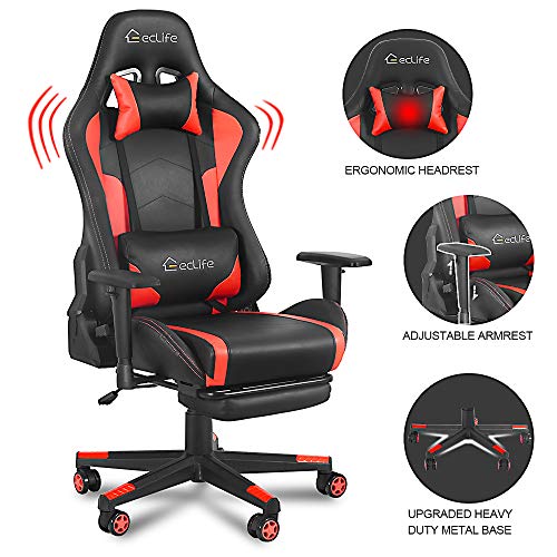 eclife Gaming Chair PC Ergonomic Racing Office Chair PU Leather Recliner Computer Desk Chair W/Massage Lumbar Support Footrest Headrest Armrest Rolling Swivel Task Chair (with Footrest,