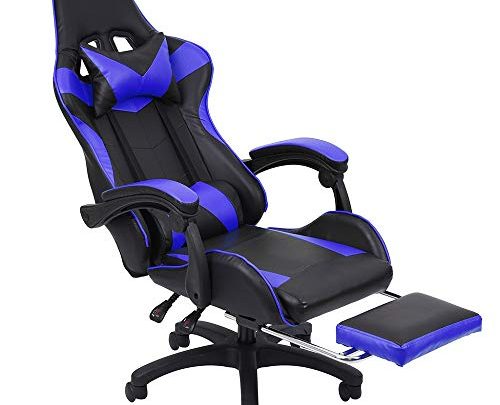 Gaming Chair with Footrest Adjustable High Backrest Reclining Home Office PU Leather Chair with Wider Seat, Ergonomic Computer Gamer Chair (Blue)