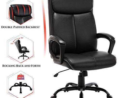 High Back Office Chair – Executive Bonded Leather Computer Desk Swivel Task Chair W/Rocking Function, Black