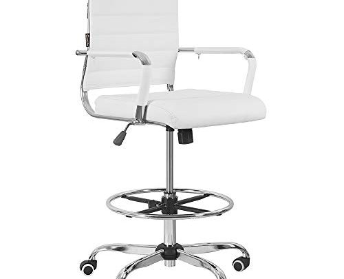 eclife Drafting Chair Ergonomic Tall Office Chair Height Adjustable Mid-Back PU Leather Ribbed Leather Swivel, Footrest Lumbar Support Executive Modern Conference Computer Chair (White)