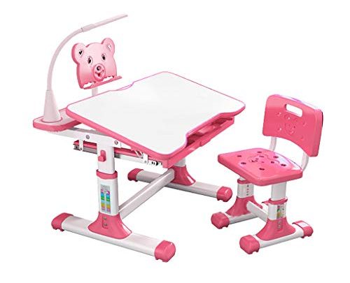 Kids Desk and Chair Set, Height Adjustable Kids Table and Chair Set, Home School Use Anti-Reflective Children Study Table with LED Light/Reading Board/Pull-Out Drawer (80 x 50cm,