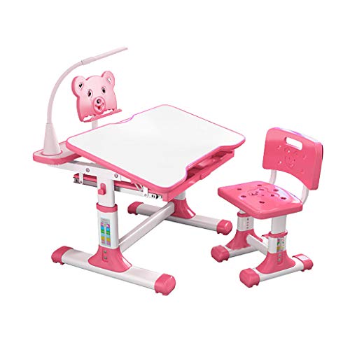 Kids Desk and Chair Set, Height Adjustable Kids Table and Chair Set, Home School Use Anti-Reflective Children Study Table with LED Light/Reading Board/Pull-Out Drawer (80 x 50cm,