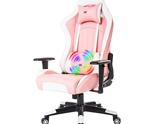 Bowthy Massage Gaming Chair Computer Video Game Chair Large Size Heavy Duty Big and Tall Ergonomic Gamer Chair for Adults Racing Style Headrest and Lumbar Support (Pink)