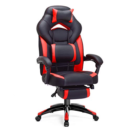 SONGMICS Office Ergonomic Executive Gaming Swivel Chair with Foldable Pull-Out Footrest, Racing Style, Extra Large, Black Red,
