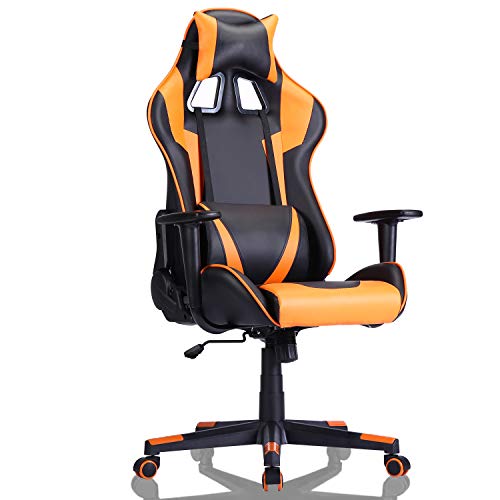Computer Gaming Chair Office Desk Chair Racing Chair High-Back Ergonomic PU Leather Adjustable Esports Desk Chair with Headrest Lumbar Support (Orange)