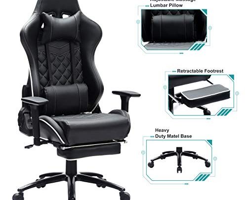 Blue Whale Massage Gaming Chair with Twist Backrest,Metal Base,Thickened Seat Cushion,Adjustable Aluminum Alloy Armrest and Headrest, Swiving PU Leather Computer Desk Racing Chair (8358-2 White)