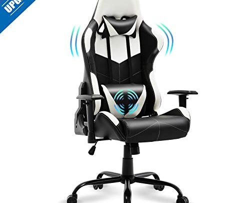 FERGHANA Upgrade Massage Gaming Chair,Racing Style Computer Chair for Adults Kids,Video Gaming Chair with Massage Lumbar Pillow and Headrest,4 inch Seat Height and Armrest Adjustment(Arctic White)