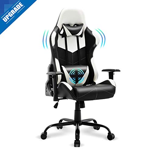 FERGHANA Upgrade Massage Gaming Chair,Racing Style Computer Chair for Adults Kids,Video Gaming Chair with Massage Lumbar Pillow and Headrest,4 inch Seat Height and Armrest Adjustment(Arctic White)
