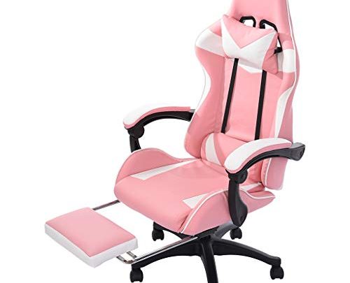 Gaming Chair with Footrest – Backrest Reclining Leather Office Chair – Ergonomic Backrest and Recliner Swivel Rocker with Headrest and Lumbar Pillow E-Sports Chair (Pink,