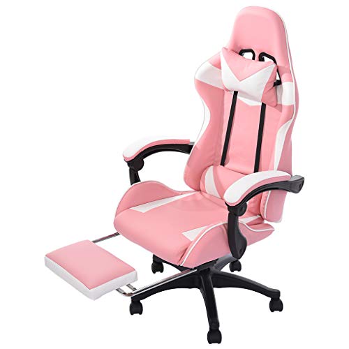 Gaming Chair with Footrest – Backrest Reclining Leather Office Chair – Ergonomic Backrest and Recliner Swivel Rocker with Headrest and Lumbar Pillow E-Sports Chair (Pink,