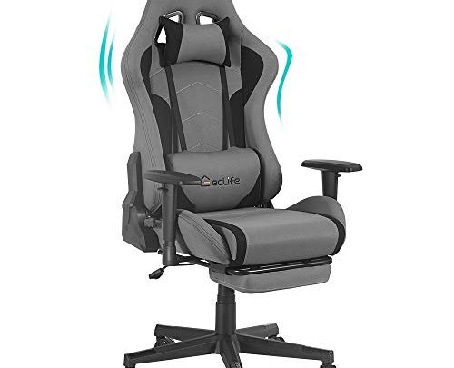 eclife Gaming Chair PC Ergonomic Racing Task Chair Gery Composite Linen Computer Desk Chair Recliner W/Massage Lumbar Support Headrest Armrest Rolling Swivel Office Chair (with Footrest,