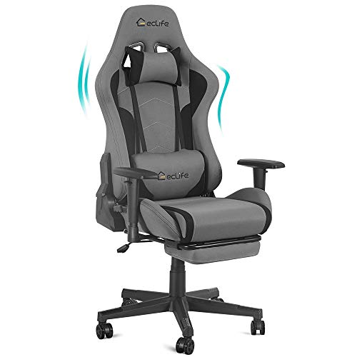 eclife Gaming Chair PC Ergonomic Racing Task Chair Gery Composite Linen Computer Desk Chair Recliner W/Massage Lumbar Support Headrest Armrest Rolling Swivel Office Chair (with Footrest,