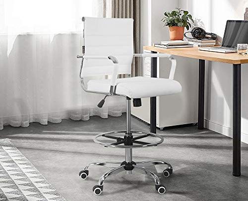 Drafting Chair Stool Office Ergonomic Footrest Leather – Tall Arms Footrest Height Adjustable Ribbed Mid-Back Tilt-Tension Control Rocker Lumbar Support Swivel Rolling Cushioned 400lb BIFMA (White)